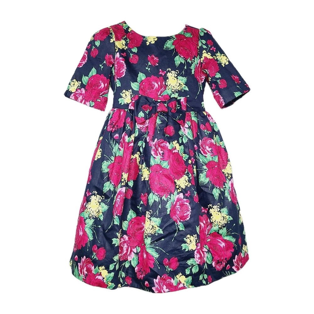 Janie & Jack Bow‎ Dress Girls 5 Blue Pink Floral A-line Short Sleeve Midi